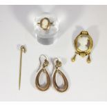 A shell cameo ring, set in 9ct gold, together with a cameo pendant brooch, a pair of 9ct gold drop