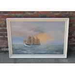 John Hamilton (1919-1993), French sailing ship at sunset, oil on board, signed, verso dated 1978 and