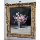 Elizabeth King, still life, 'Anemones', watercolour, signed, verso paper label for Aldridge Bros.,