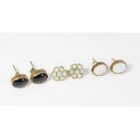 Two pairs of opal ear studs, and a pair of black star diopside ear studs, all set in 9ct gold