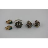 Green tourmaline ear clips marked 'Christian Dior, Germany' with a gemset dress ring and similar set