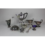 A pair of silver plated pedestal sauce boats other silver plated tableware including a demi-reeded