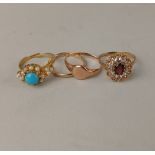A garnet and white stone cluster ring, in 9ct gold with two 9ct gold rings, 3.6g, and a turquoise
