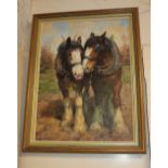 Rosemary Sarah Welch (b 1946), two working horses, 'Ready and Waiting', oil on canvas, signed, verso