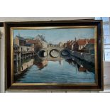 Michel Le Bourlier, canal view with stone bridge, oil on canvas, signed and dated 71, 49.5cm by 74.
