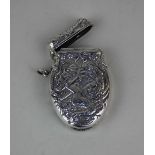 A 925 silver vesta case shield shape embossed both sides with a scene of a mermaid embracing a