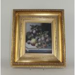 Oliver Clare (1853-1927), still life of plums and other fruits, oil on panel, signed, 21cm by 17cm