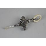 A Victorian silver baby rattle with bells and teether (a/f) maker Crisford & Norris Ltd,
