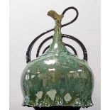 A large studio pottery jug with crystalline glaze and stylized handle, potter's marks to base
