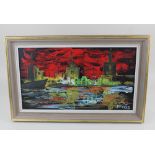 20th century school, harbour view with moored boat beneath red skies, oil on board, indistinctly