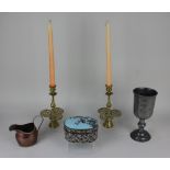 A pair of brass candlesticks with pierced trefoil decoration 21cm high, a London pewter goblet 21.