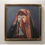 Gadara Design (20th century), portrait of a veiled Bedouin woman, oil on canvas, signed, 58.5cm by