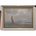 Vic Ellis (1921-1984), sailing barge and container ship entering Port of London, oil on canvas,