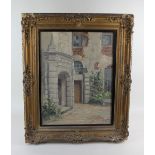 20th century school, view of a dilapidated building in a courtyard, oil on board, initialled 'G