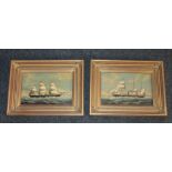 Maritime interest, two gilt framed pictures of masted sailing boats, verso paper label for The