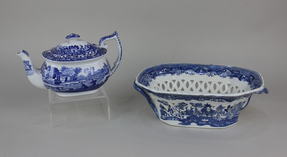 A Copeland Spode Italian pattern blue and white teapot, together with a blue and white transfer
