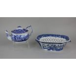 A Copeland Spode Italian pattern blue and white teapot, together with a blue and white transfer