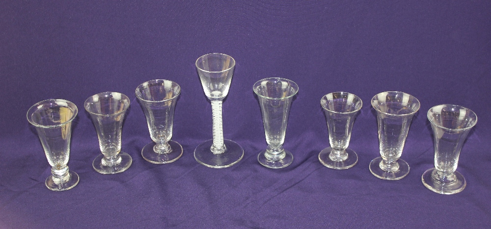 An 18th century cordial glass with opaque twist stem 14.5cm high together with a collection of seven