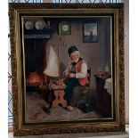 A Ligari (20th century), Dutch interior scene with old man building a model boat beside a fire,