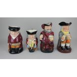 A Royal Doulton Toby jug 'Jolly Toby', 16cm high, together with three Royal Doulton character jugs