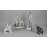 A Nao porcelain figure of a seated hound 15cm high, and two Lladro style Spanish porcelain figures