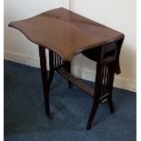 A mahogany butterfly wing drop leaf side table on slatted end supports and splayed legs, opens to