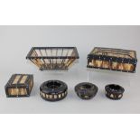 Two porcupine quill boxes largest 21cm, a tray and three ashtrays (a/f)