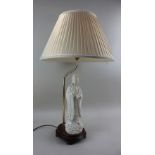 A Blanc de Chine porcelain figure mounted as a table lamp on wooden base figure 30cm high