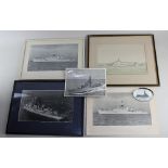 Four black and white photographs of Royal Navy ships, two by Wright and Logan of Southsea, largest