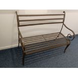 A metal garden bench slatted seat and scroll arms, 116cm