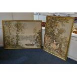 Two modern tapestry style scenic wall panels both with gilt scroll frames, one of a couple boating