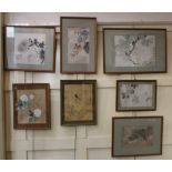 A collection of seven framed Chinese pictures of vegetables, flowers, birds and insects, each one