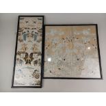 Two framed Chinese embroidered silk panels one depicting figures and a horse and cart 52.5cm by 18.