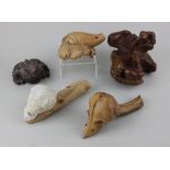 A collection of five wooden ornaments to include a carved toad 7cm, and two mice on branches