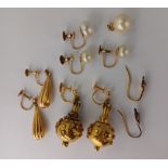 Two pairs of late 19th century gold drop earrings (one with later fittings); two imitation pearl