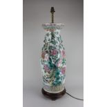 A large Chinese porcelain baluster vase converted to a table lamp, decorated with birds amongst