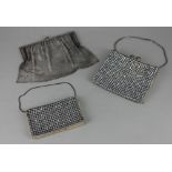 A 925 silver mesh evening bag together with a diamonte evening bag and small purse