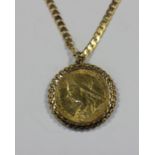 An 1899 sovereign in yellow metal pendant mount, on yellow metal chain