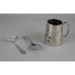 A George V silver christening mug with engraved initials, Sheffield 1932 and a child's spoon and