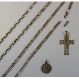 A 9ct gold celtic style crucifix a St Christopher pendant and two chains, 10.7g (a/f)