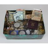 A collection of British and international coinage to include crowns, cartwheel pennies and