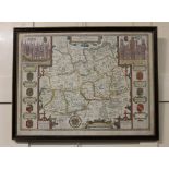 A framed John Speed map of Surrey Described and Divided into Hundreds 41cm by 53cm