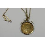 An 1898 half sovereign in 9ct gold pendant mount on a 9ct gold neckchain 7.1g gross weight