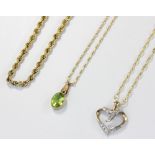 A 9ct gold peridot pendant and chain, length 64cm, with a 9ct gold heart pendant set with white