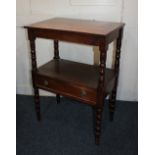A Victorian rectangular two tier side table with drawer on turned supports, (a/f) 56cm