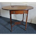 An Edwardian mahogany inlaid oval occasional table with two drop flaps above a drawer, on square