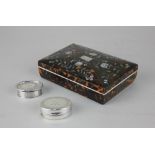 A mother of pearl inlaid tortoiseshell etui needlework box fitted interior with various tools,
