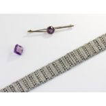 An 9ct gold amethyst bar brooch, gross weight 3.8g, together with a loose 12x12mm amethyst gemstone,