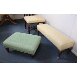A collection of three various upholstered stools to include a Victorian stool with square