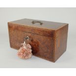 A George III rectangular burr wood inlaid tea caddy with interior canisters and later glass bowl